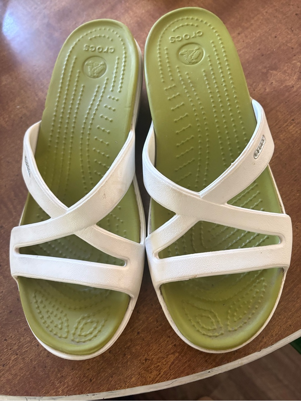CROCS Women’s White Slide Sandals with Olive Green Footbed